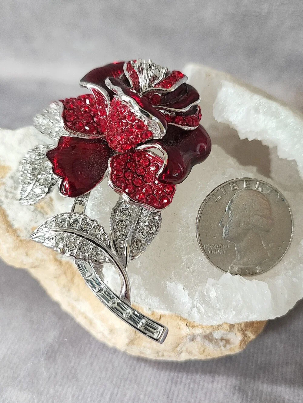 Nolan Miller Nancy Reagan Red Rose Flower Enameled Brooch Vintage Silver Tone